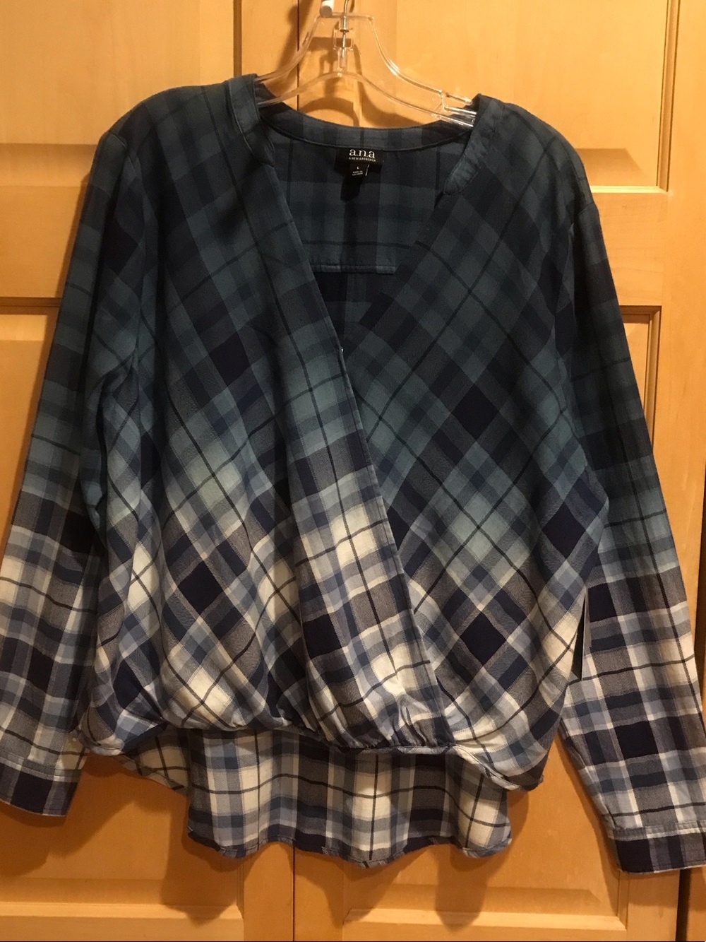 New a.n.a Blue and White Plaid Long-Sleeve Blouse